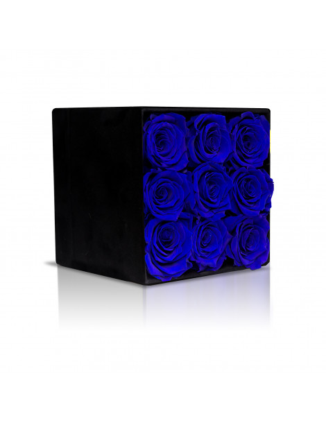 Cubo con Rose Blu Stabilizzate